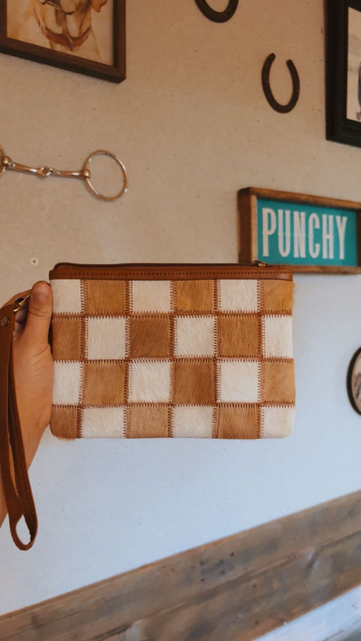 Stockdale Checkered Cowhide Wristlet Pouch